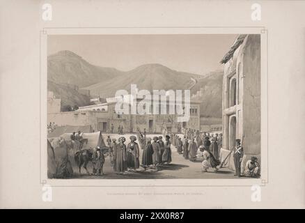 Erster Angloafghanischer Krieg. Der Durbar-Khaneh von Shah Shoojah-ool-Moolk (Shuja Shah Durrani), in Kabul. 1840-1850. Skizzen von Jas. Atkinson, esq. Diese Zeichnung stellt unmittelbar unterhalb der Bala Hissar und angrenzend an die Residenz des Gesandten und Ministers den Qua¬Drangle dar, der von den Durbah-Khaneh und den Harem Serai besetzt wurde. Auf dem Balkon sieht man seine Majestät Shah Shujah, die auf seinem Thron sitzt, und die Art und Weise, wie die Khans und Staatsoffiziere täglich vor ihm versammelt werden, während die Königliche Band, die aus riesigen Toms und langen Blechbläserröhren besteht, in den meisten Horren spielt Stockfoto