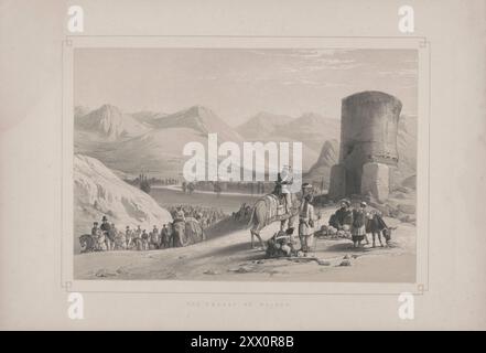 Erster Angloafghanischer Krieg. Das Tal von Maidan. 1840-1850. Skizzen von Jas. Atkinson, esq. An der Spitze des starken ghaut oder Passes befindet sich ein Rundturm, oder Uhrenhaus, genannt Buzrak, und von dieser Eminenz aus ist das Tal des Maidan deutlich zu sehen, obwohl nur ein kleiner Teil davon in dieser Ansicht dargestellt ist. Die Schönheit dieses Tals wird von den Afghanen hochgelobt. Das Tal ist halbkreisförmig, etwa anderthalb Meilen breit und vier Meilen lang, umgeben von den sterilsten Hügeln, mit einer bezaubernden silbernen Flusslinie, die durch sein Zentrum fließt, und den Bäumen, Wiesen und Plantagen, die immer noch reichen Stockfoto