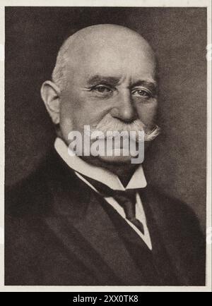 Porträt von Graf Ferdinand von Zeppelin. 1917 Graf Ferdinand von Zeppelin (deutsch: Ferdinand Adolf Heinrich August Graf von Zeppelin; 1838–1917) war ein deutscher General und späterer Erfinder der Zeppelin-Starrluftschiffe. Sein Name wurde zum Synonym für Luftschiffe und dominierte den Fernflug bis in die 1930er Jahre Er gründete die Firma Luftschiffbau Zeppelin. Stockfoto