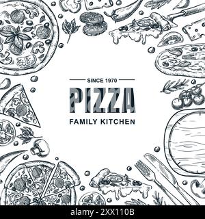 Quadratischer Rahmen mit italienischer Pizza und Zutaten. Vektorgrafik von Hand gezeichnet. Pizzeria-Menü, Banner, Poster, Designelemente für Etikettenverpackungen auf weiß Stock Vektor