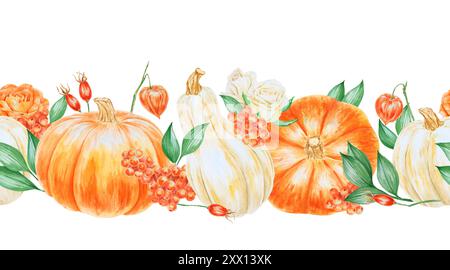 Abbildung: Orangefarbene und weiße Kürbisse, Rosen, grüne Blätter, vogelbeeren und Hüftrosen. Handgezeichnete Aquarelle isolierte Horisontal nahtlose Grenze Stockfoto