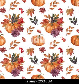 Aquarellmuster im Herbst mit Kürbissen, Dahlien, roten Beeren, Blättern und Pilzen. Handgemalter rustikaler Druck. blumenabbildung für Stockfoto