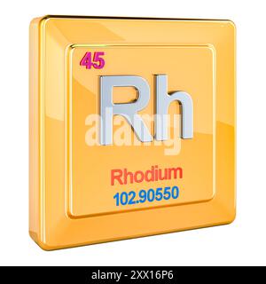 Rhodium RH, chemisches Elementzeichen mit der Nummer 45 im Periodensystem. 3D-Rendering isoliert auf weißem Hintergrund Stockfoto