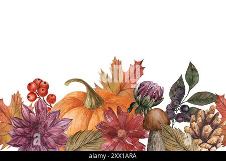 Nahtlose Herbstgrenze mit Kürbissen, Dahlien, roten Beeren, Blättern und Pilzen. Handbemalter rustikaler Rahmen. blumenabbildung, Vorlage Stockfoto