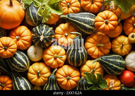 Verschiedene Mini-Kürbisse. Ästhetischer Herbst-Style. Draufsicht Stockfoto