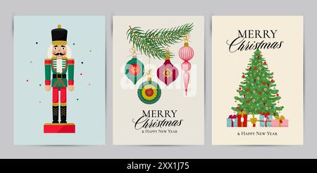 Weihnachtsgrußkarten mit Nussknacker-Spielzeugsoldat, Weihnachtskugeln und verziertem Weihnachtsbaum. Vektor Stock Vektor
