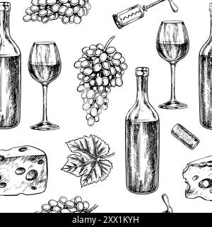 Nahtloses Muster mit Wein, Trauben, Käse und Weingläsern. Vektorgrafiken, handgezeichnete Schwarzweiß-Illustration. Auf weißem Hintergrund. Für Stock Vektor