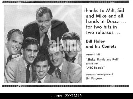 Eine Danksagung von Bill Haley und seinen Comets an die Mitarbeiter von Decca Records und seinen Manager. Aus einer Zeitschrift von 1954 gab es eine Umfrage zu den beliebtesten Künstlern der Jahre. Stockfoto