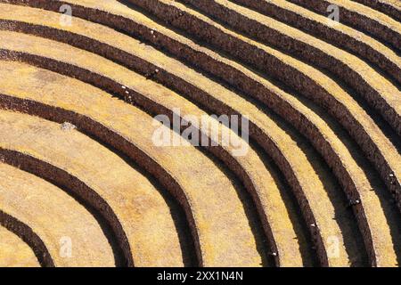 Zusammenfassung der Terrassen in Moray, Heiliges Tal, Provinz Urubamba, Region Cusco (Cuzco), Peru, Südamerika Stockfoto