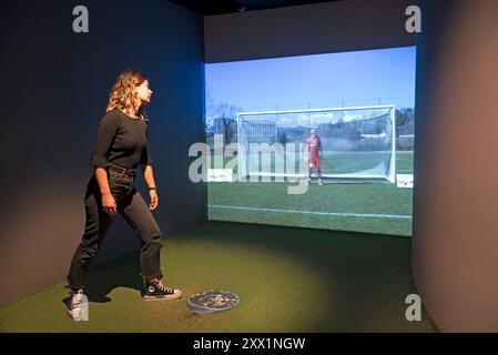 Gerät, mit dem Besucher einen Torschuss simulieren können, Museum Stade Geoffroy-Guichard, Saint-Etienne, Departement Loire, Region Auvergne-Rhone-Alpes Stockfoto