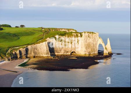 Kreidefelsen mit Bogen und l'Aiguille (die Nadel), Etretat, seine-Maritime Département, Normandie, Frankreich, Europa Stockfoto