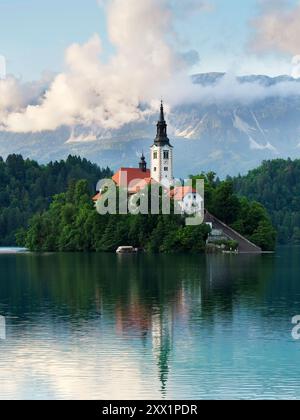 Bled Island vom Ufer des Bled Sees an einem Sommerabend, Slowenien, Europa Stockfoto