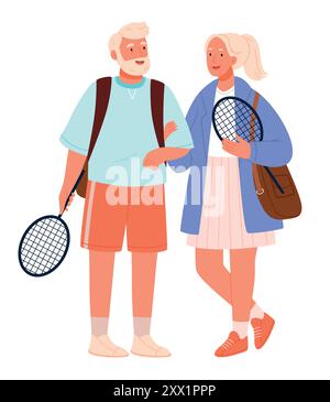 Ein paar ältere Leute spielen Tennis. Outdoor-Aktivität für Rentner, gesunde Lebensweise. Stock Vektor