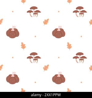 Nahtloses Herbstmuster. Pilze, Sterne, Kürbisse und Blätter auf weißem Hintergrund. Stock Vektor