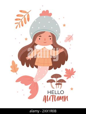 Eine niedliche Meerjungfrau in Herbstkleidung schwimmt mit Fischen und Herbstblättern. Herbstposter mit Text. Ungewöhnliche Kombination. Surrealismus. Stock Vektor