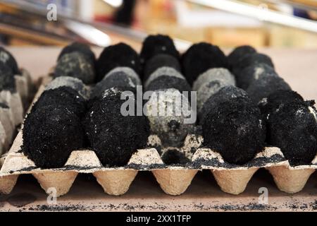 Schwarze Jahrhunderte alte asiatische Eier in Pappschalen befinden sich in einem Lagerhaus im Laden Stockfoto