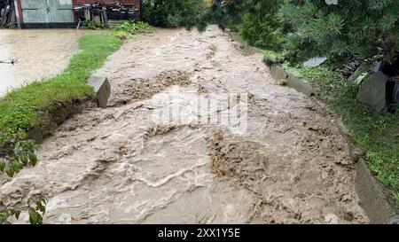 Starke Gewitter und Unwetter ziehen am Dienstag über die hohe Tatra hinweg. Besonders heftig trifft es die für Touristen beliebte Urlaubsregion Zakopane, sowie die angrenzenden Ortschaften Witow und Umgebung. Heftiger Starkregen und starke Gewitter beenden schon frühzeitig den Wanderurlaub zahlreicher Touristen. Wanderer wurden richtig stark eingeseift. Der Regen war zu viel. Es kam zu größeren Überschwemmungen. Straßen werden überflutet, Grundstücke, Parkplätze ebenfalls. Auch Autos standen im Wasser – Mancher Besitzer bemerkte dies zu spät. Die Flüsse führen Hochwasser. Die Feuerwehr war im EI Stockfoto