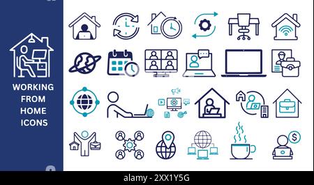 Symbolgruppe Von Home Aus Arbeiten. Online arbeiten, Laptop, freiberuflich, Online-Meeting, Work-Life-Balance, Home Office. Stock Vektor