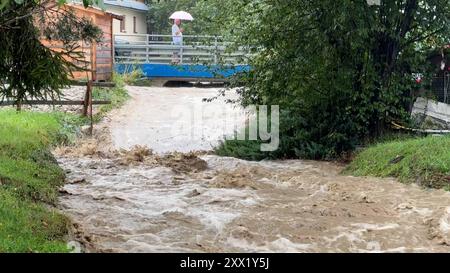 Starke Gewitter und Unwetter ziehen am Dienstag über die hohe Tatra hinweg. Besonders heftig trifft es die für Touristen beliebte Urlaubsregion Zakopane, sowie die angrenzenden Ortschaften Witow und Umgebung. Heftiger Starkregen und starke Gewitter beenden schon frühzeitig den Wanderurlaub zahlreicher Touristen. Wanderer wurden richtig stark eingeseift. Der Regen war zu viel. Es kam zu größeren Überschwemmungen. Straßen werden überflutet, Grundstücke, Parkplätze ebenfalls. Auch Autos standen im Wasser – Mancher Besitzer bemerkte dies zu spät. Die Flüsse führen Hochwasser. Die Feuerwehr war im EI Stockfoto