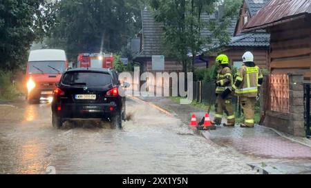 Starke Gewitter und Unwetter ziehen am Dienstag über die hohe Tatra hinweg. Besonders heftig trifft es die für Touristen beliebte Urlaubsregion Zakopane, sowie die angrenzenden Ortschaften Witow und Umgebung. Heftiger Starkregen und starke Gewitter beenden schon frühzeitig den Wanderurlaub zahlreicher Touristen. Wanderer wurden richtig stark eingeseift. Der Regen war zu viel. Es kam zu größeren Überschwemmungen. Straßen werden überflutet, Grundstücke, Parkplätze ebenfalls. Auch Autos standen im Wasser – Mancher Besitzer bemerkte dies zu spät. Die Flüsse führen Hochwasser. Die Feuerwehr war im EI Stockfoto