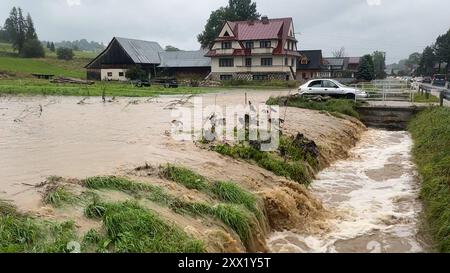 Starke Gewitter und Unwetter ziehen am Dienstag über die hohe Tatra hinweg. Besonders heftig trifft es die für Touristen beliebte Urlaubsregion Zakopane, sowie die angrenzenden Ortschaften Witow und Umgebung. Heftiger Starkregen und starke Gewitter beenden schon frühzeitig den Wanderurlaub zahlreicher Touristen. Wanderer wurden richtig stark eingeseift. Der Regen war zu viel. Es kam zu größeren Überschwemmungen. Straßen werden überflutet, Grundstücke, Parkplätze ebenfalls. Auch Autos standen im Wasser – Mancher Besitzer bemerkte dies zu spät. Die Flüsse führen Hochwasser. Die Feuerwehr war im EI Stockfoto