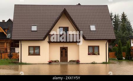 Starke Gewitter und Unwetter ziehen am Dienstag über die hohe Tatra hinweg. Besonders heftig trifft es die für Touristen beliebte Urlaubsregion Zakopane, sowie die angrenzenden Ortschaften Witow und Umgebung. Heftiger Starkregen und starke Gewitter beenden schon frühzeitig den Wanderurlaub zahlreicher Touristen. Wanderer wurden richtig stark eingeseift. Der Regen war zu viel. Es kam zu größeren Überschwemmungen. Straßen werden überflutet, Grundstücke, Parkplätze ebenfalls. Auch Autos standen im Wasser – Mancher Besitzer bemerkte dies zu spät. Die Flüsse führen Hochwasser. Die Feuerwehr war im EI Stockfoto