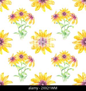 Blumenmuster nahtlose Aquarellfarbe mit Rudbeckia oder Kamille isolierte Illustration handgezeichnet für uns in Design Tapete, Textil, Artikel, Tapete Stockfoto