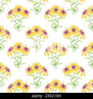 Blumenmuster nahtlose Aquarellfarbe mit Rudbeckia oder Kamille isolierte Illustration handgezeichnet für uns in Design Tapete, Textil, Artikel, Tapete Stockfoto