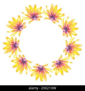 Kranz Blume Aquarell mit Rudbeckia oder Kamille isolierte Illustration handgezeichnet für uns in Design Tapete, Textil, Logo, Artikel. Blätter Gänseblümchen Stockfoto