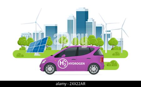 Isometrisches Wasserstoff-Energie-Auto. Intelligente Stadt mit Windturbinen, Solarpaneelen, alternativer Energie und Null-Emissionen. Wasserstoffbetriebener Transport Stock Vektor