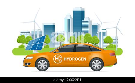 Isometrisches Wasserstoff-Energie-Auto. Intelligente Stadt mit Windturbinen, Solarpaneelen, alternativer Energie und Null-Emissionen. Wasserstoffbetriebener Transport Stock Vektor