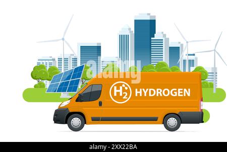 Isometrisches Wasserstoff-Energie-Auto. Intelligente Stadt mit Windturbinen, Solarpaneelen, alternativer Energie und Null-Emissionen. Wasserstoffbetriebener Transport Stock Vektor