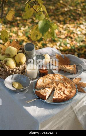 Nahaufnahme eines Apfelkuchen und Tee mit einem Korb Äpfel auf einem herbstlichen Gartentisch in der Sonne Stockfoto