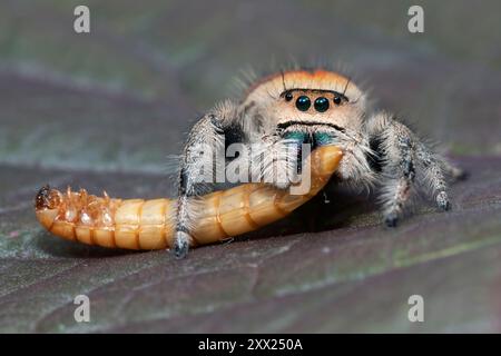 Nahaufnahme einer springenden Spinne, die auf einem Blatt sitzt und eine Larve isst, Indonesien Stockfoto