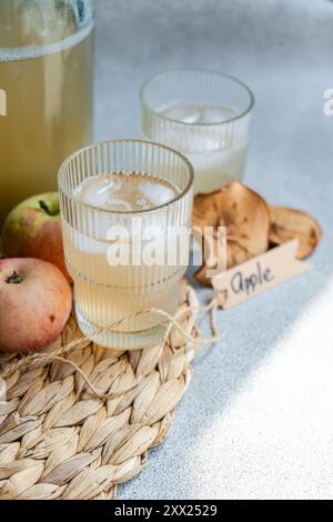 Kanne und zwei Gläser frischen Apfelsaft auf einer Tischmatte mit frischen Äpfeln, getrockneten Apfelscheiben und einem Etikett mit dem Wort Apfel Stockfoto