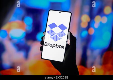 In dieser Abbildung wird das Dropbox-Logo auf einem Smartphone-Bildschirm angezeigt. Stockfoto