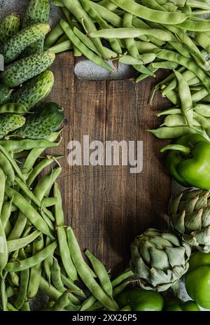 Aus nächster Nähe sehen Sie frische Artischocken, Stufenbohnen, Gurken und grüne Paprika rund um ein hölzernes Schneidebrett Stockfoto