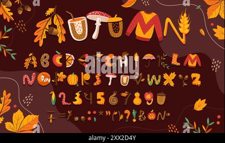 Thanksgiving Schriftart des Zeichentrickfilms Herbst Typ für Kinder Englisch Alphabet, Vektor ABC Buchstaben. Weihnachtsschriftbuchstaben in Form von Kürbis und Roggen, Apfel und Herbst Eichenblatt mit Pilzen Stock Vektor