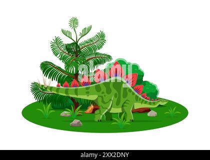 Stegosaurus prähistorischer Dinosaurier-Zeichentrickfigur. Isolierter Vektor-Dino mit einer Reihe von Tellern entlang des Rückens und einem stacheligen Schwanz, steht in der Nähe der üppigen natürlichen Vegetation. Herbivore der Spätjura Stock Vektor