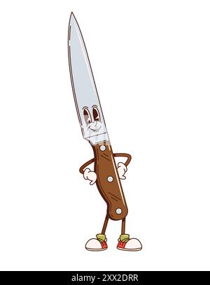 Messer im Retro-Stil, groovige Küchenutensilien und Utensilien. Isolierte Cartoon-Vektor-selbstbewusste Schneidewerkzeug-Persönlichkeit, die mit Händen auf den Hüften steht und ein großes Lächeln ausstrahlt, ein Gefühl von Stolz und Bereitschaft Stock Vektor