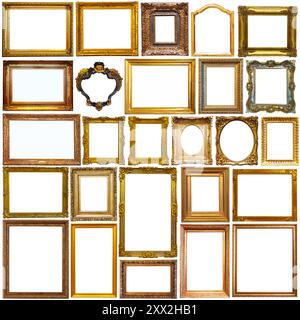 Isoliert auf weißer Kunst leere Rahmen in goldener und silbriger Farbe Stockfoto