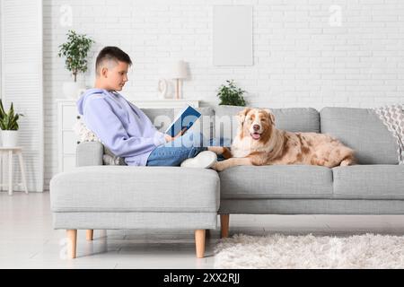 Teenager mit Buch und australischem Schäferhund, der zu Hause auf dem Sofa sitzt Stockfoto