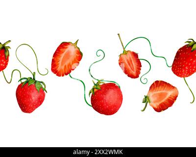 Ein Muster mit Erdbeeren und Reben auf weißem Hintergrund, ideal für Designs über Landwirtschaft, Lebensmittel und Natur. Isolierter nahtloser Rand auf weißem Hintergrund für die Gestaltung einer Broschüre, eines Flyers, eines E-Pakets, eines Etiketts oder einer Werbung. Digitale Kunst im Aquarellstil. Stockfoto
