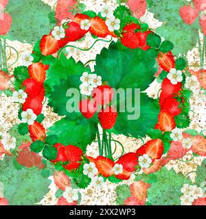 Ein helles und fröhliches Design mit Erdbeeren und Blumen, ideal für eine Vielzahl von sommerlichen Anlässen. Digitale Kunst im Aquarellstil, zum Drucken auf Stoff und Papier. Stockfoto