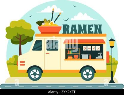 Ramen-Vektor-Illustration von japanischem Essen mit Nudeln, Essstäbchen, Miso-Suppe, gekochtem Ei und gegrilltem Nori in einem flachen Stil-Cartoon-Hintergrund Stock Vektor