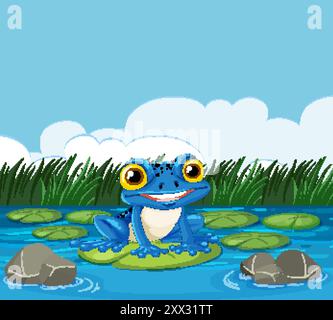 Blauer Frosch sitzt auf einem Lilienpad Stock Vektor