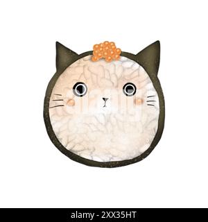 Lustige Handzeichnung Illustration mit Sushi, das wie eine Katze aussieht. Stockfoto