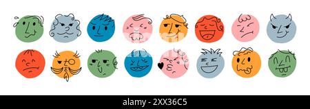 Runde Emoji-Comic-Gesichter mit verschiedenen Emotionen Stock Vektor