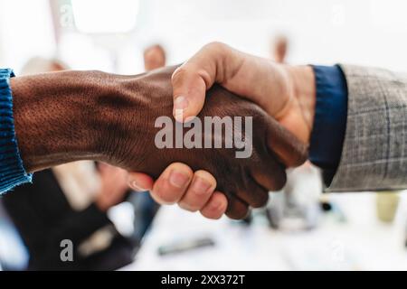 Nahaufnahme eines festen Handschlags zwischen afrikanischen und kaukasischen Geschäftsleuten, das die Gleichheit der Rasse, die Vielfalt am Arbeitsplatz und den Erfolg des Unternehmens symbolisiert Stockfoto