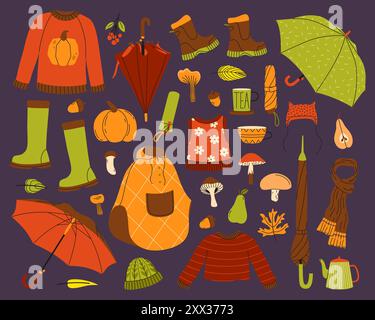 Gemütliches Herbstset mit Pullover, Regenschirmen und Pilzen. Vektorabbildung. Farbenfrohe Saison-Kollektion Stock Vektor